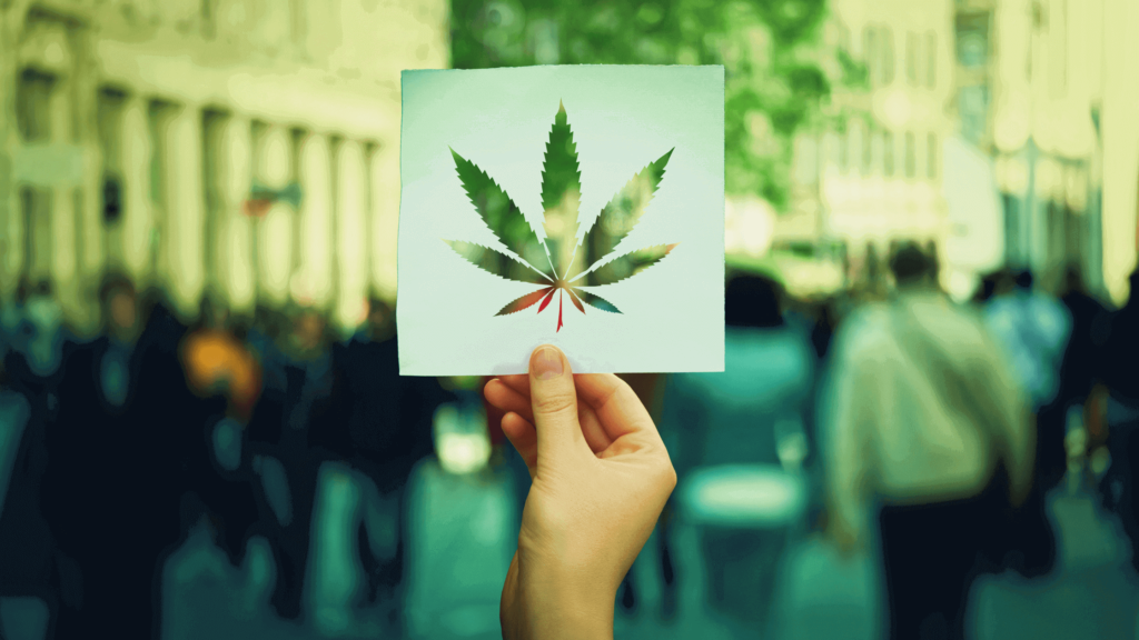 Hand die ein Blatt Papier hält, daraus ist ein Cannabisblatt herausgeschnitten. Im Hintergrund erkennt man Menschen die auf einer Straße laufen.